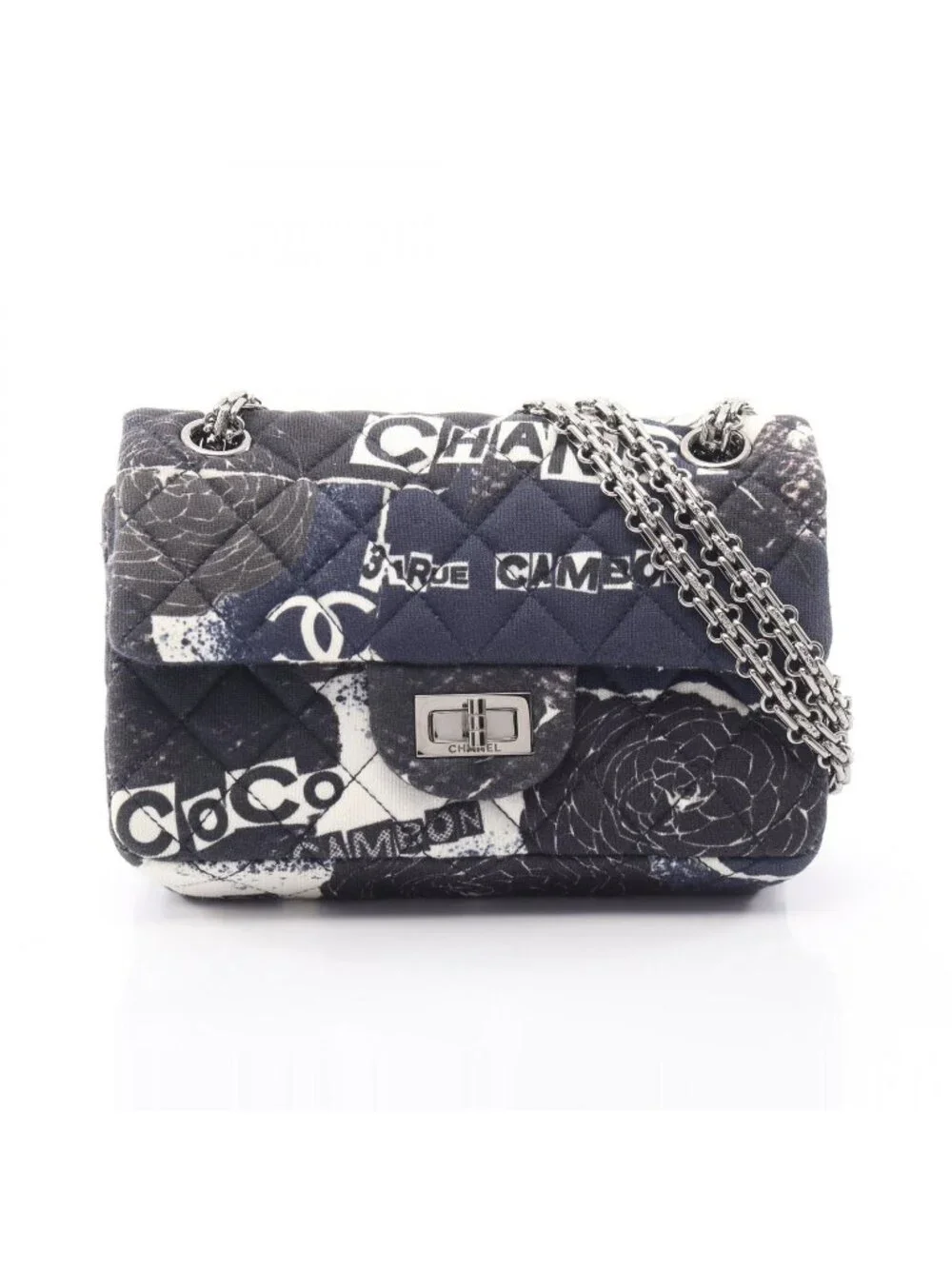 Chanel Shoulder Bag 2.55 Mini Quilted Camellia Graffiti Mademoiselle Chain Navy